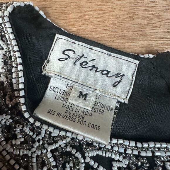 Stenay Silk Beaded Top Black Silver Short Sleeve Formal Evening Blouse M - Picture 6 of 6